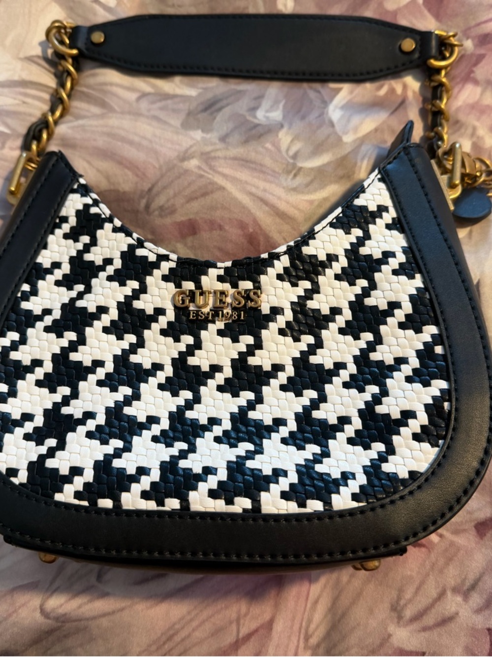 GUESS Black & White Woven Houndstooth Shoulder Bag with Gold Hardware